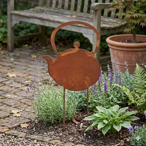 Teekannen-Gartenstecker aus Metall – Rostoptik im Vintage-Stil